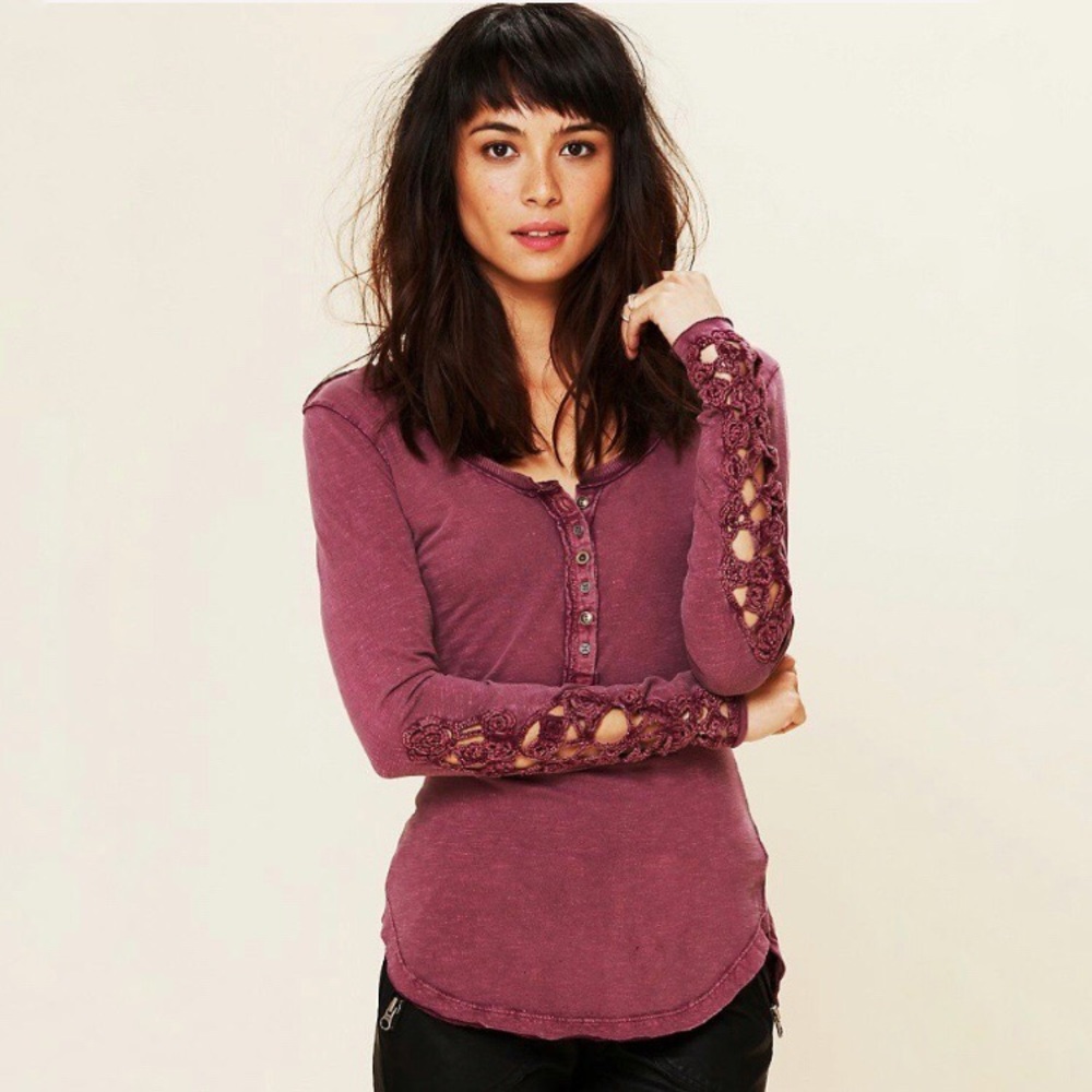 Free People | 100% Cotton Purple Toosaloosa Henley with Crochet Sleeves